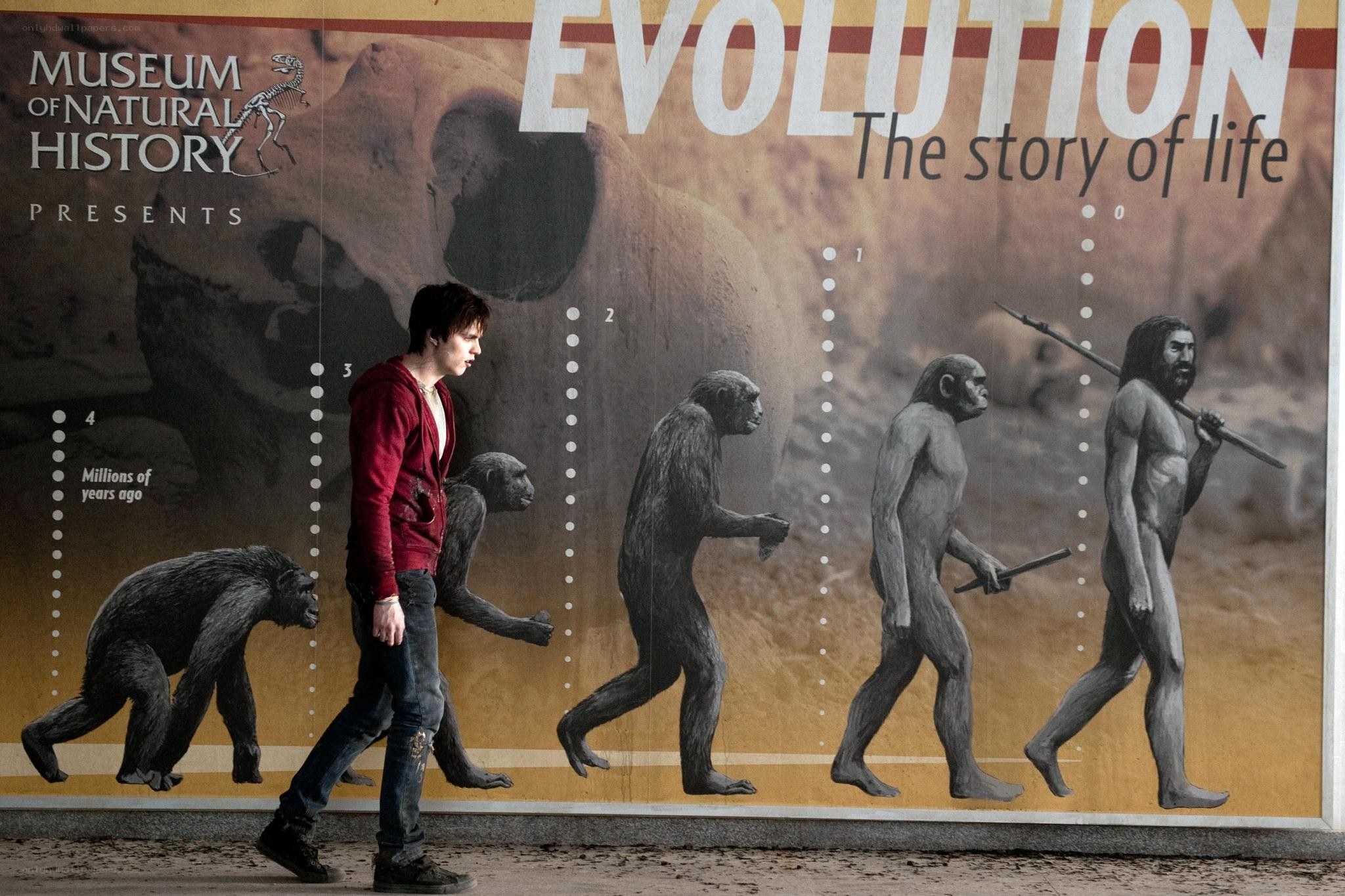 Man walks past evolution mural