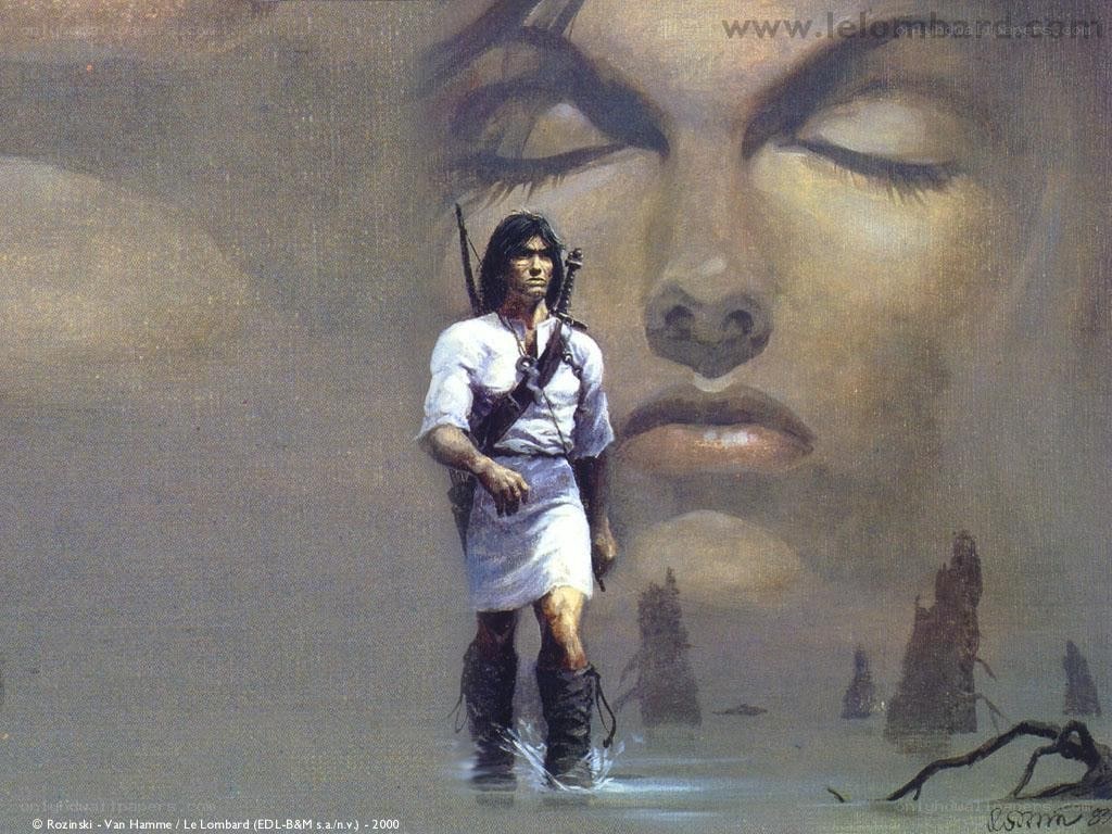 Man walks through swamp with giant face