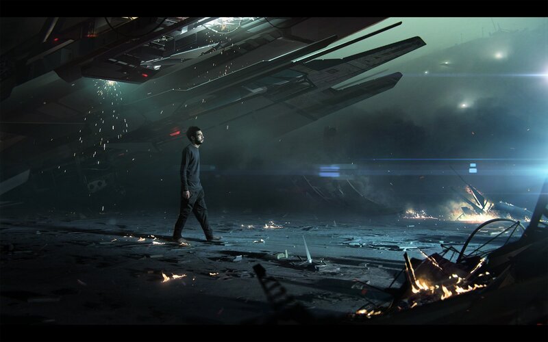 man walks through wreckage
