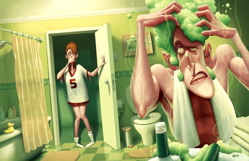 Man washing green hair in bathroom