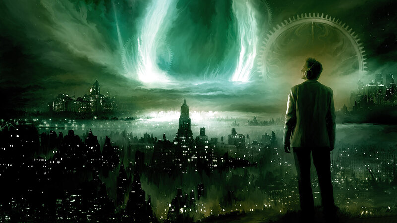 man watches city under green aurora