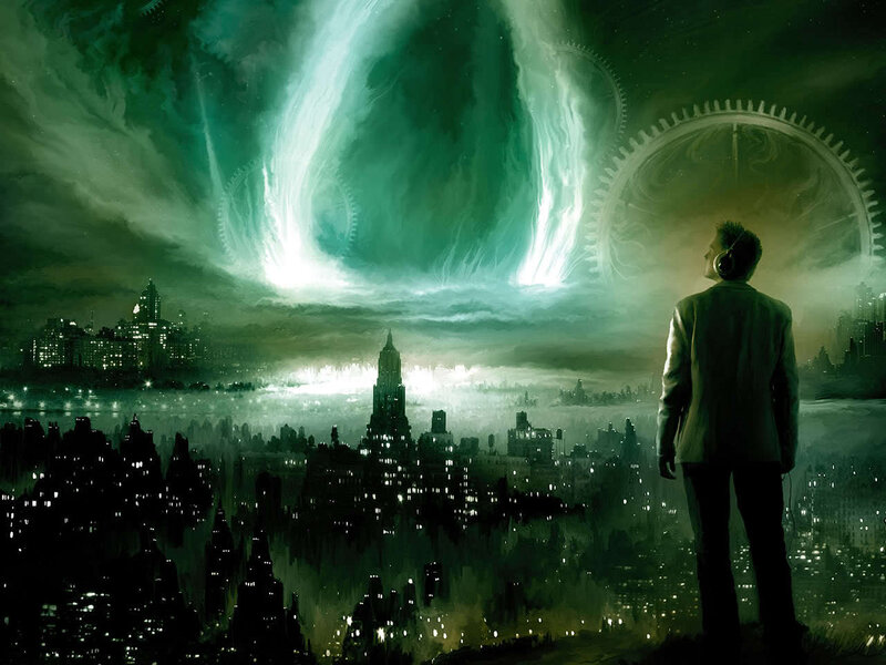 man watches city under green aurora