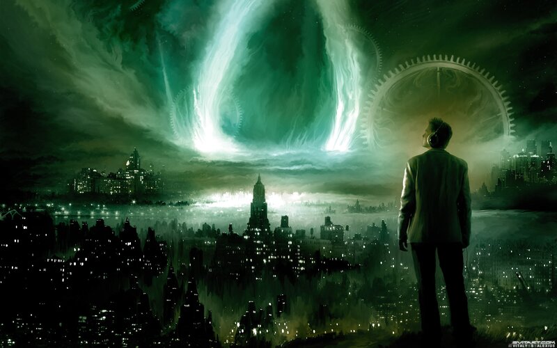 man watches city under green aurora