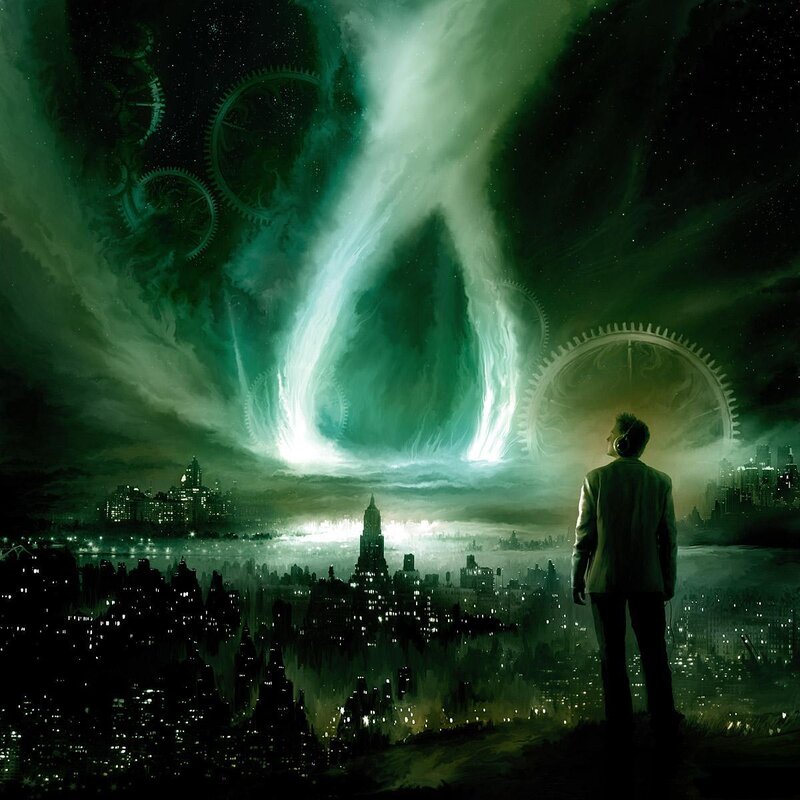 man watches green aurora over city