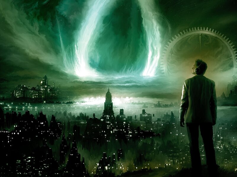 Man watches green aurora over city