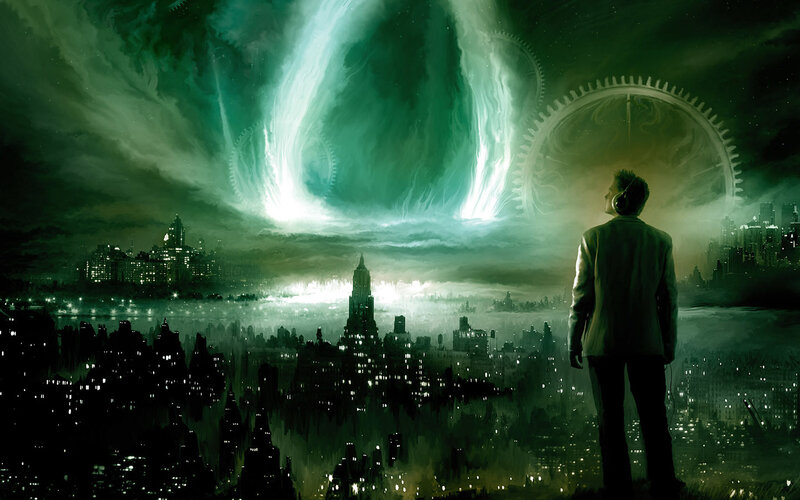 man watches green aurora over city