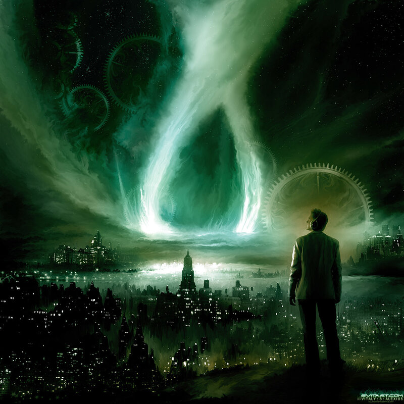 Man watches green aurora over city