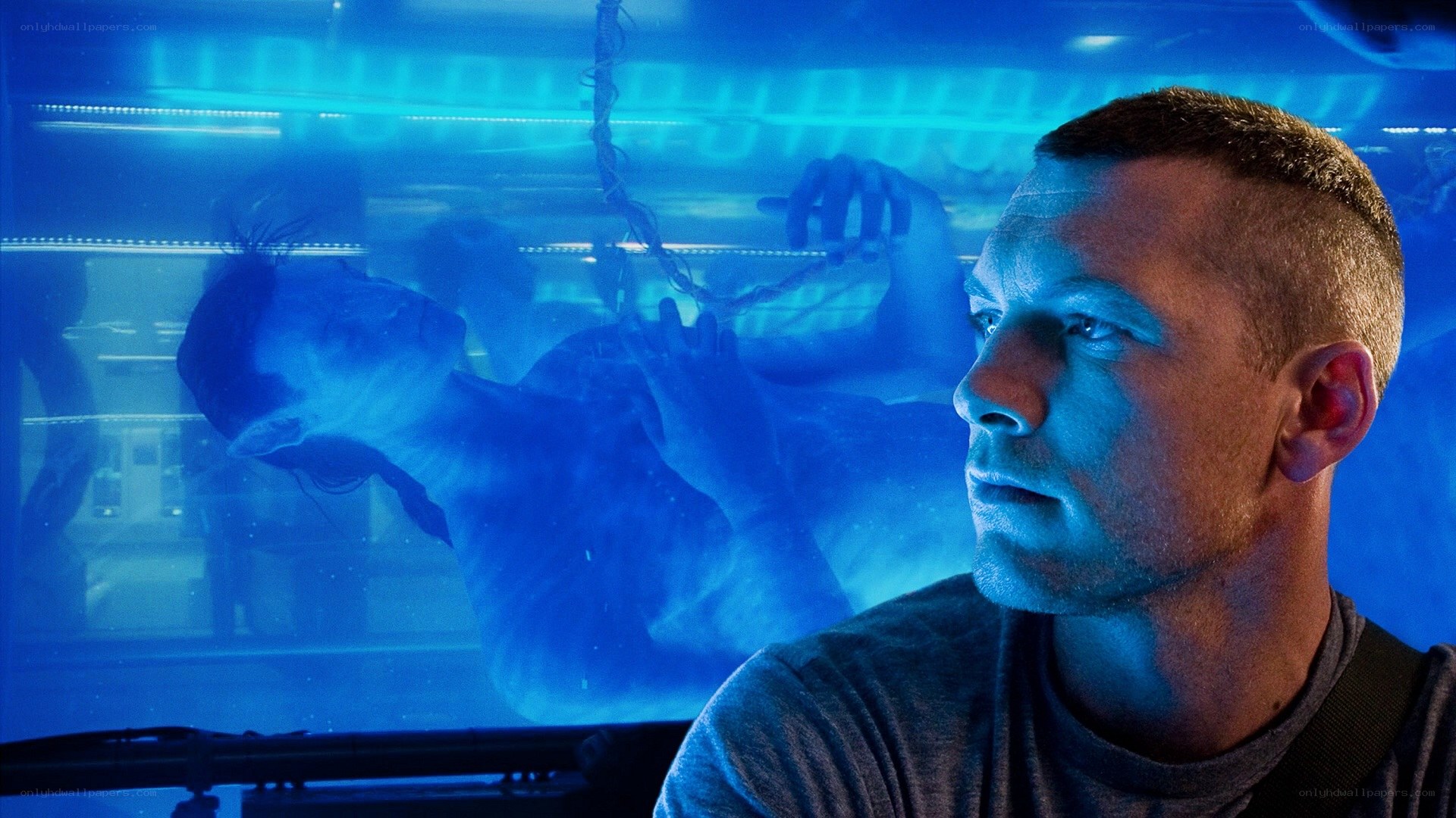 man watching alien in tank