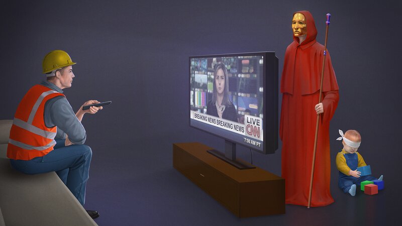 Man Watching TV with Figures