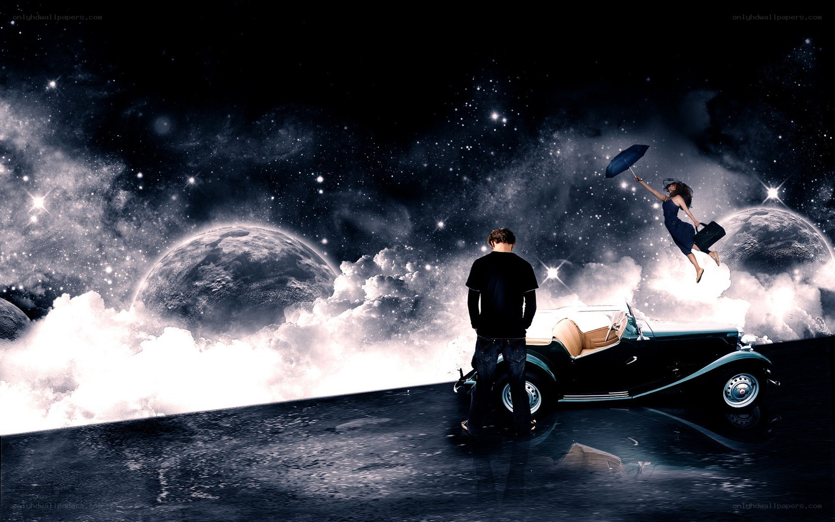 Man watching woman float in space