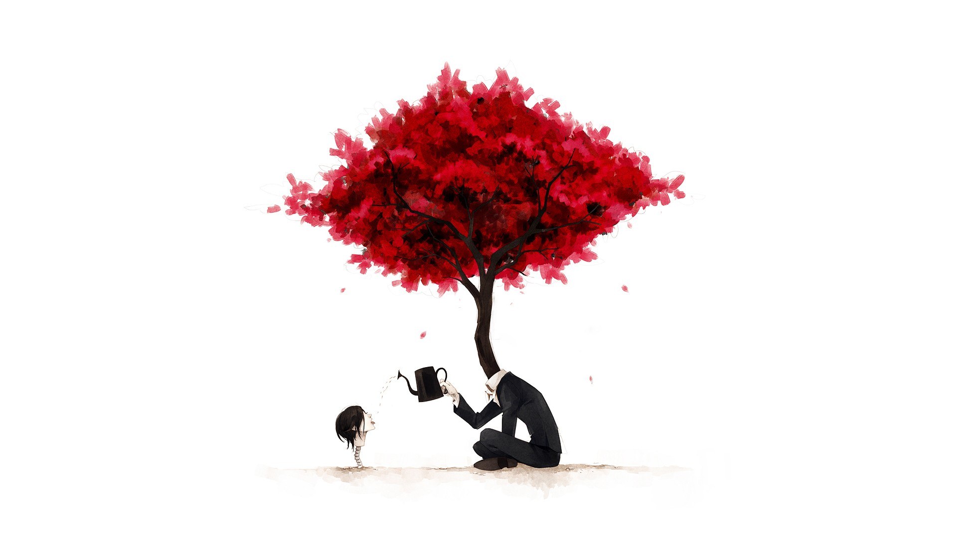 man watering a child under tree
