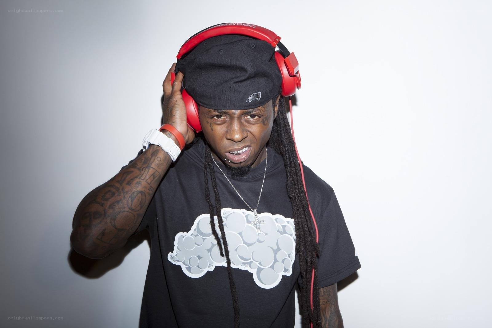 man wearing red headphones