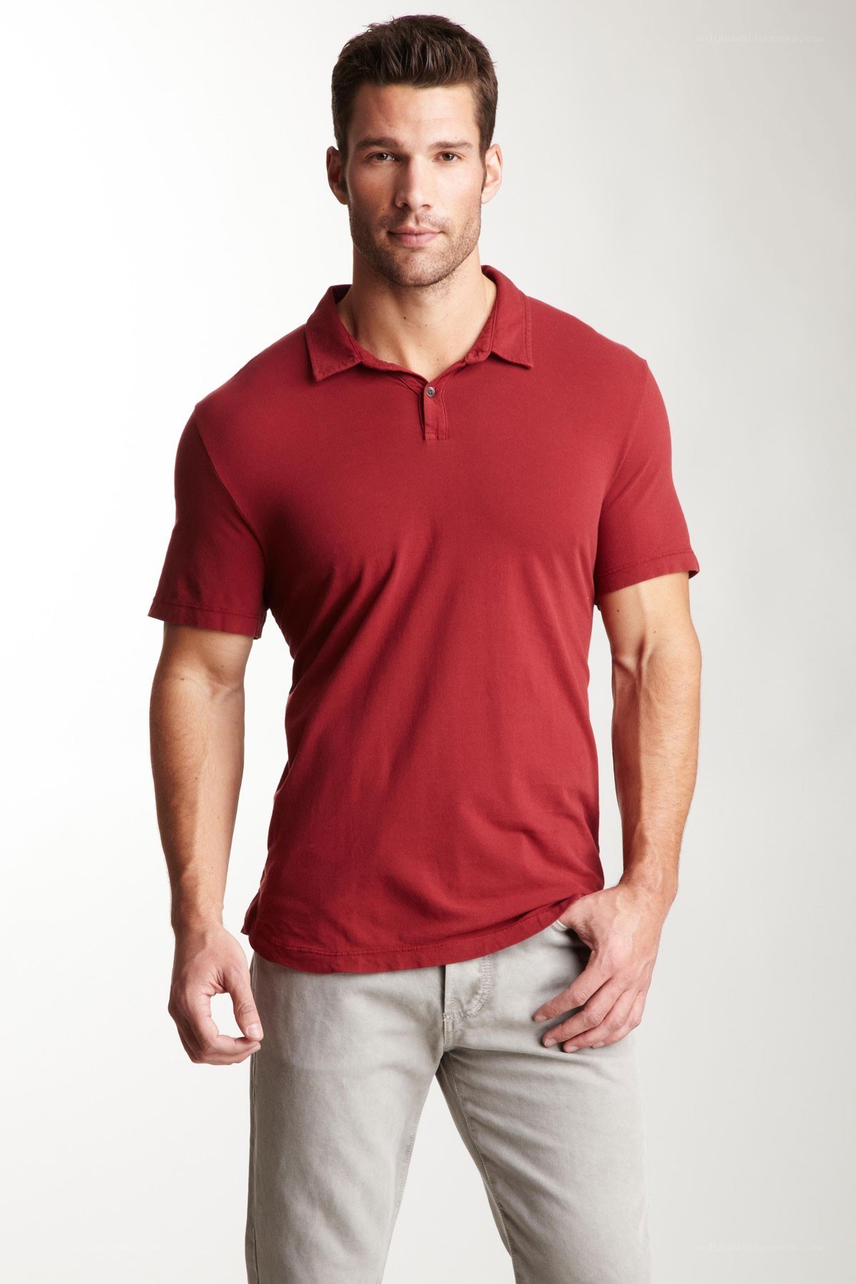 man wearing red polo shirt