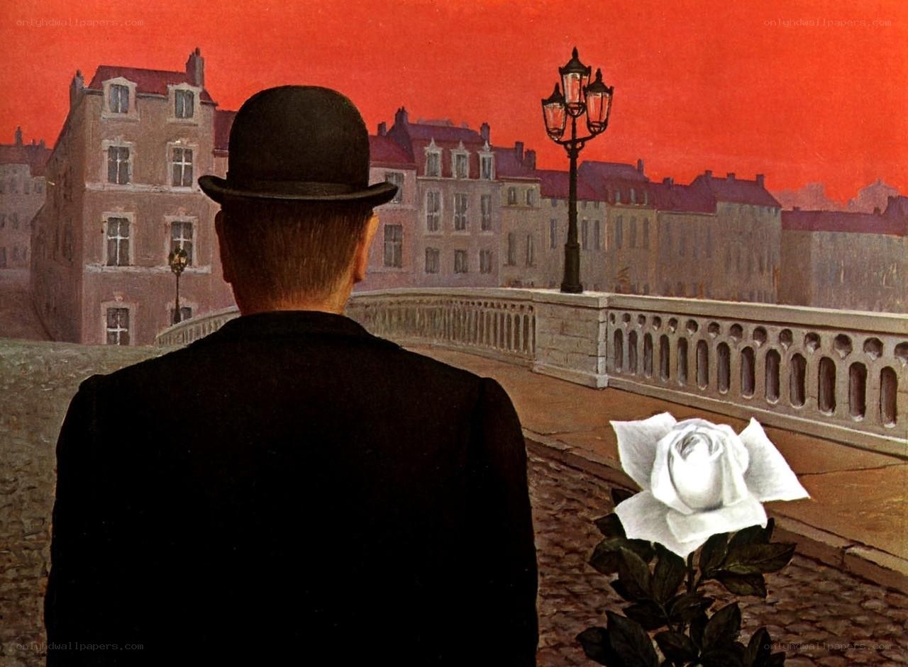 Man with a white rose on a bridge