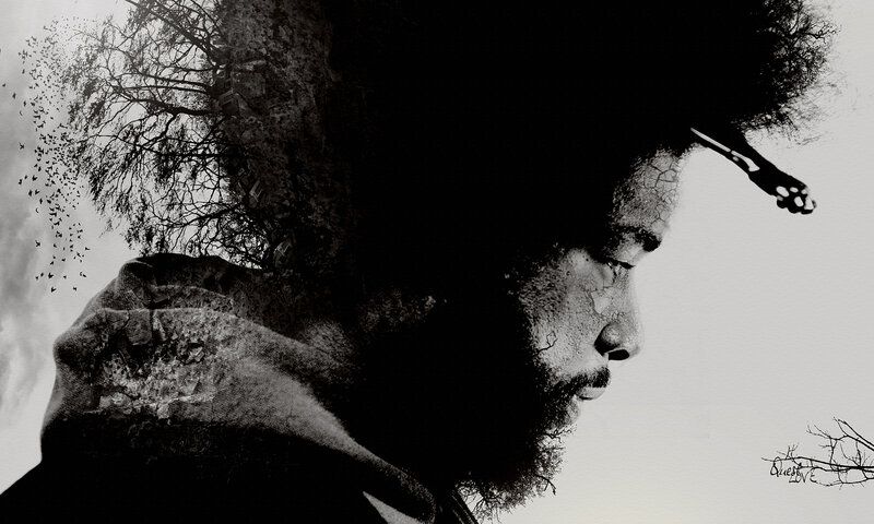 man with afro and tree overlay