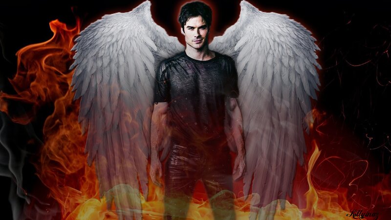 Man with Angel Wings — Black, Dramatic, Digital Art, Fire
