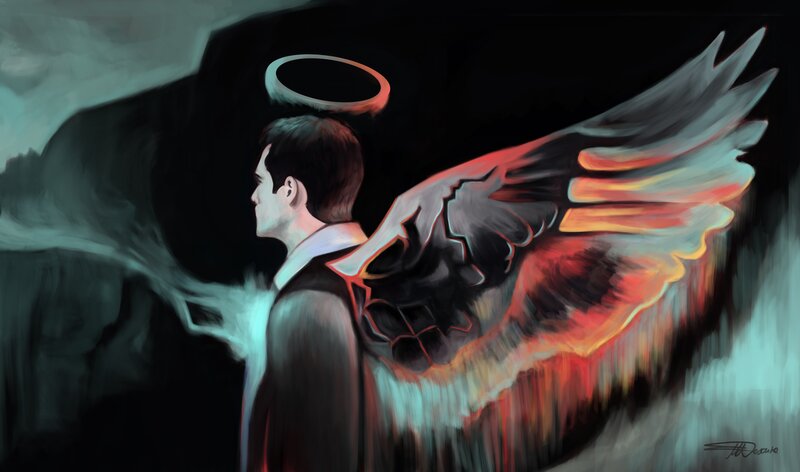 Man with Angel Wings — Black, Dramatic, Digital Art, Halo