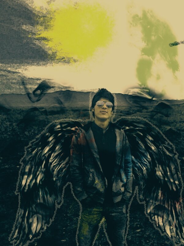 Man with Angel Wings — Black, Dramatic, Digital Art, Sunglasses