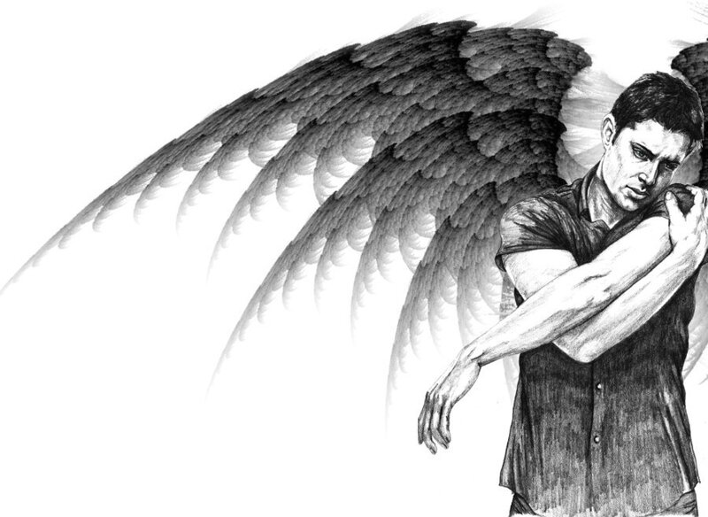 Man with Angel Wings — Black, Dramatic, Illustration