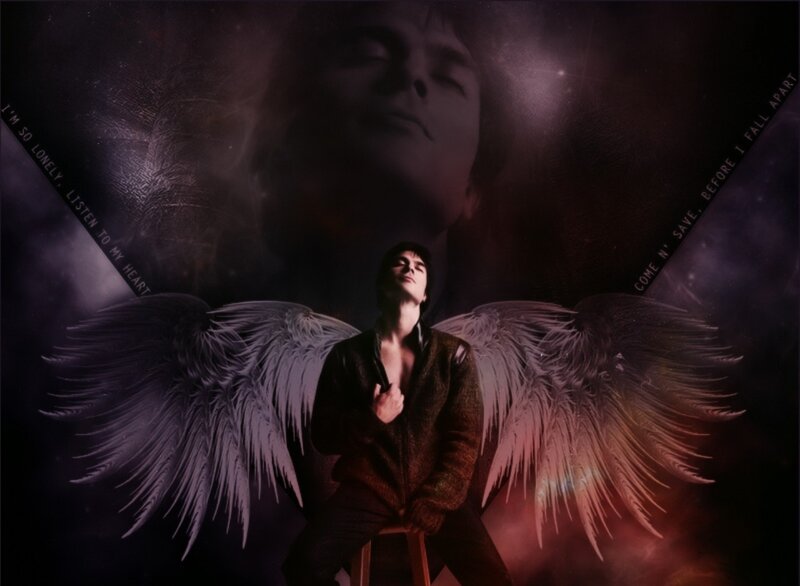 Man with Angel Wings — Black, Dramatic, Night, Digital Art, Angel Wings, Stool