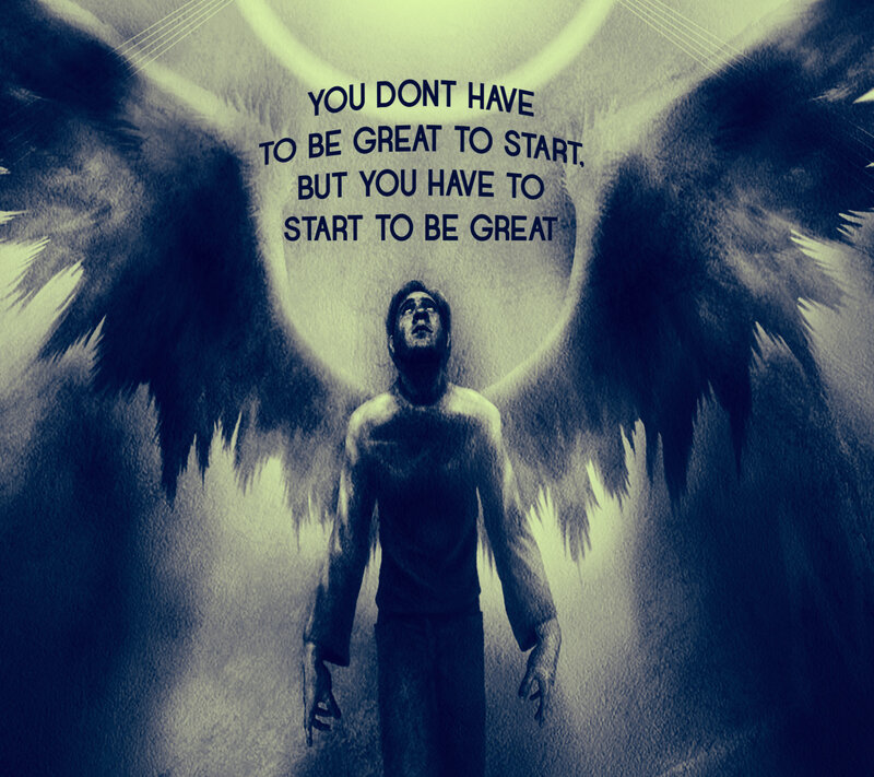 Man with Angel Wings — Blue, Dramatic, Digital Art, Text