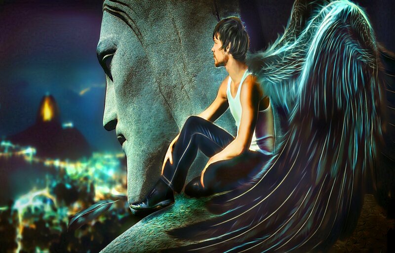 Man with Angel Wings — Blue, Dramatic, Night, Digital Art, Statue