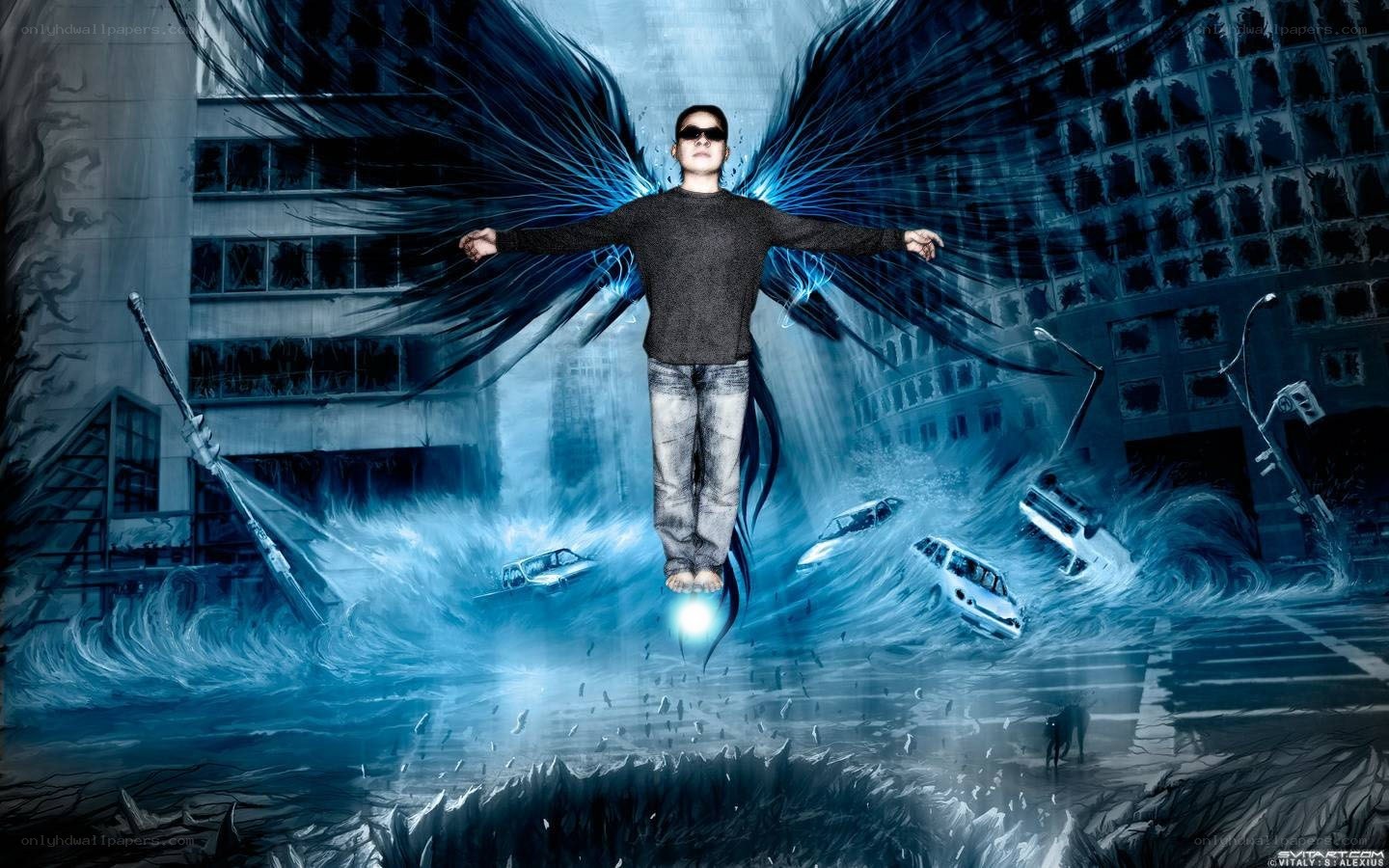 man with angel wings in flood