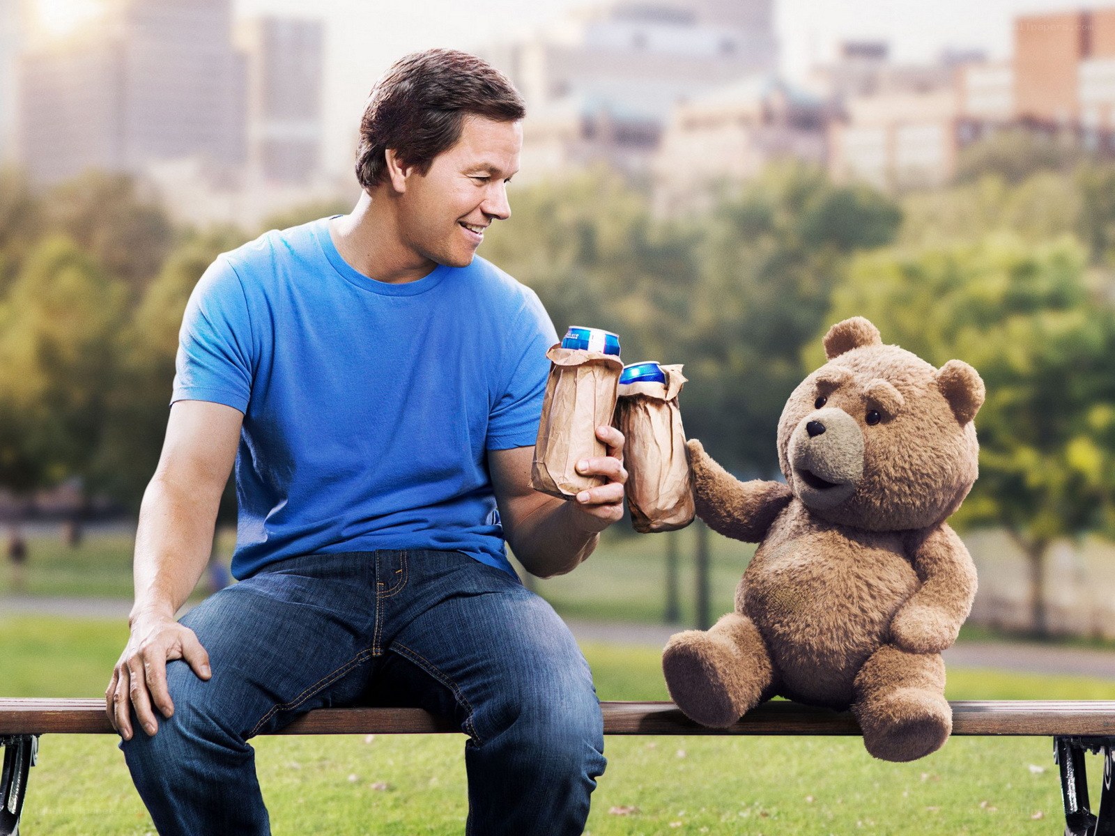 Man with animated teddy bear