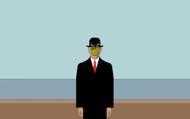 man with apple for face