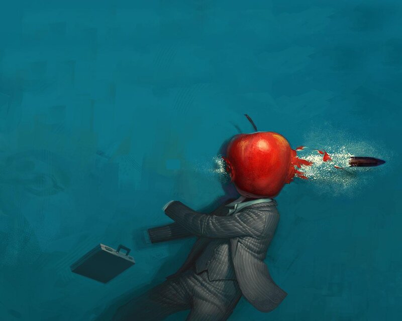 man with apple head underwater