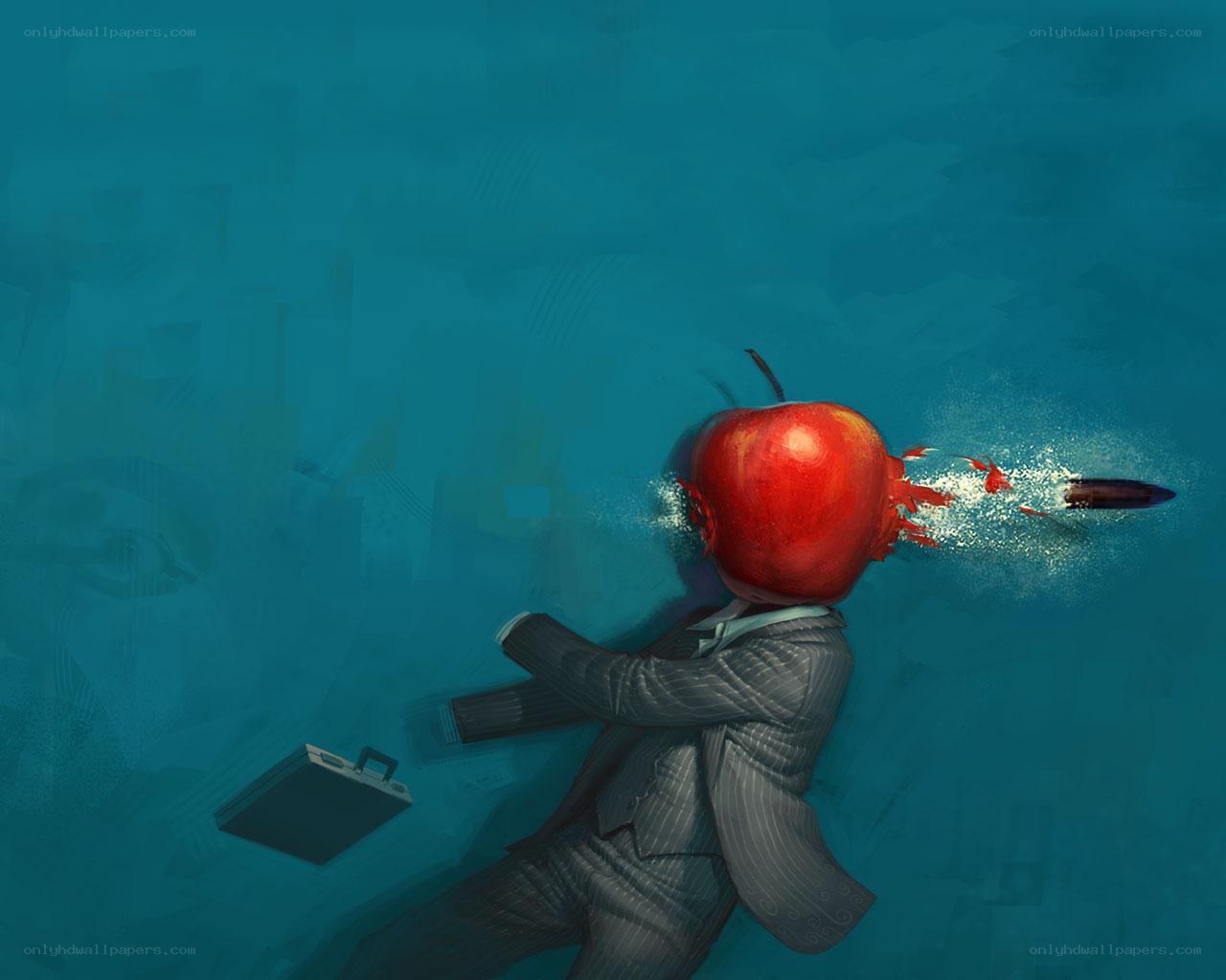 man with apple head underwater