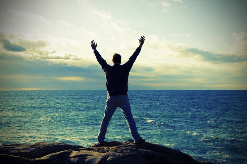 Man with Arms Raised — Blue, Serene