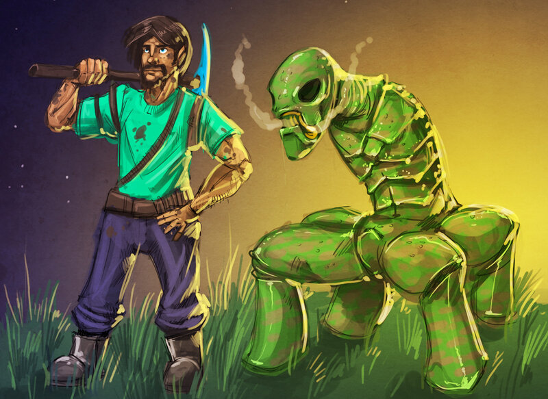 man with axe and green alien