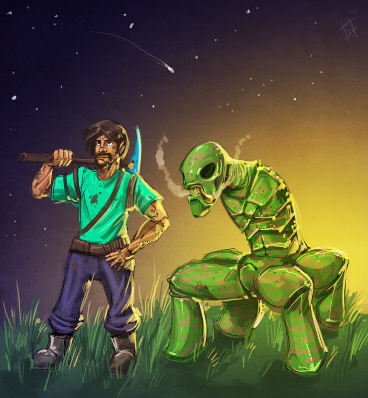 Man with Axe and Green Creature — Dramatic