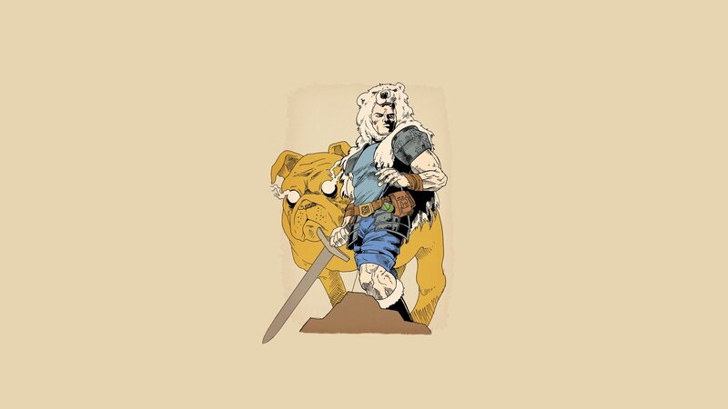 Man with Bear Head and Dog