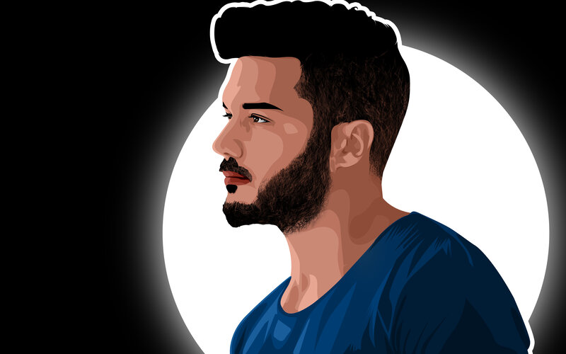 Man with Beard in Profile — Black, Dramatic, Digital Art, Blue Shirt