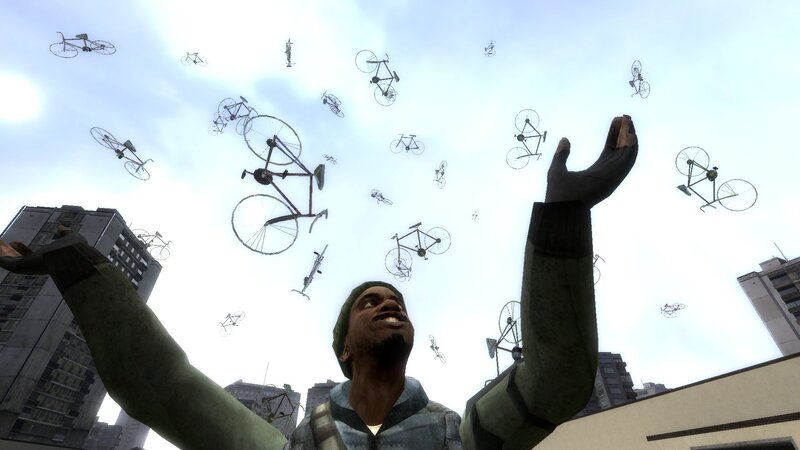 man with bicycles in sky