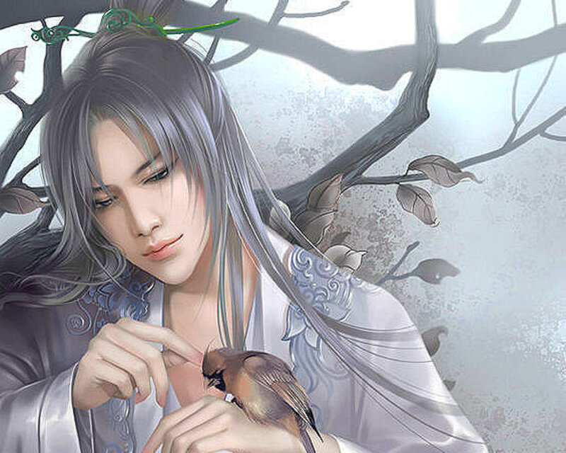 Man with Bird on Hand — White, Serene