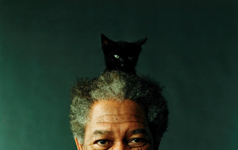 man with black cat on head