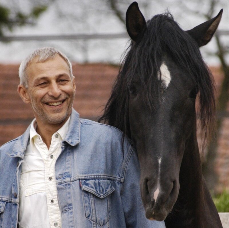 Man with Black Horse — Blue