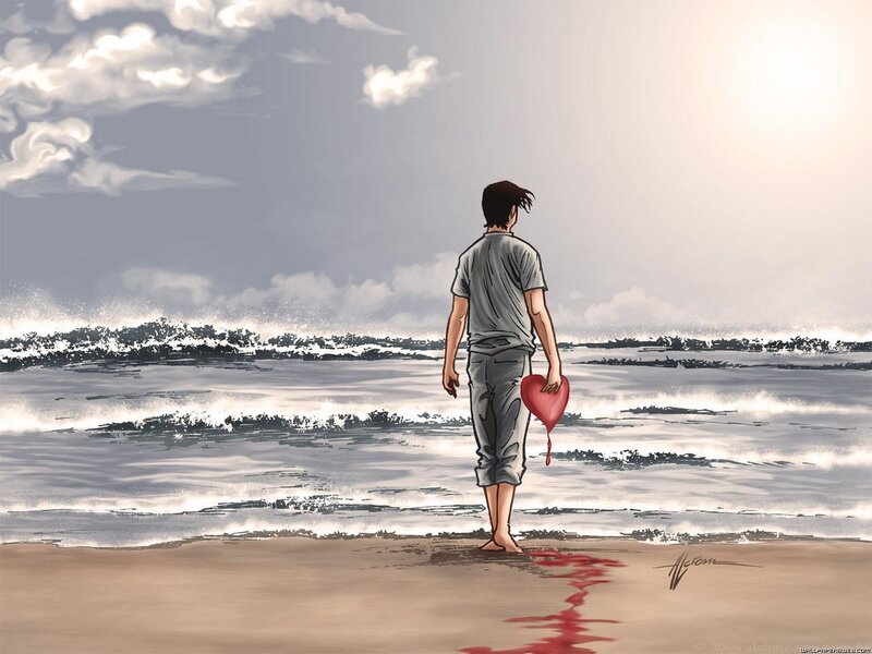 Man with bleeding heart on beach