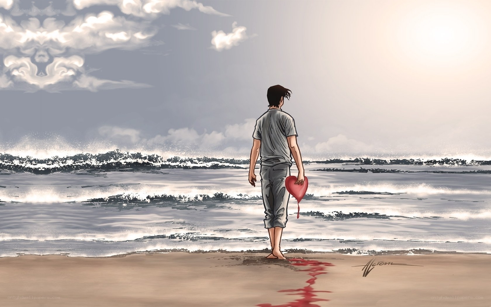 Man with bleeding heart on beach