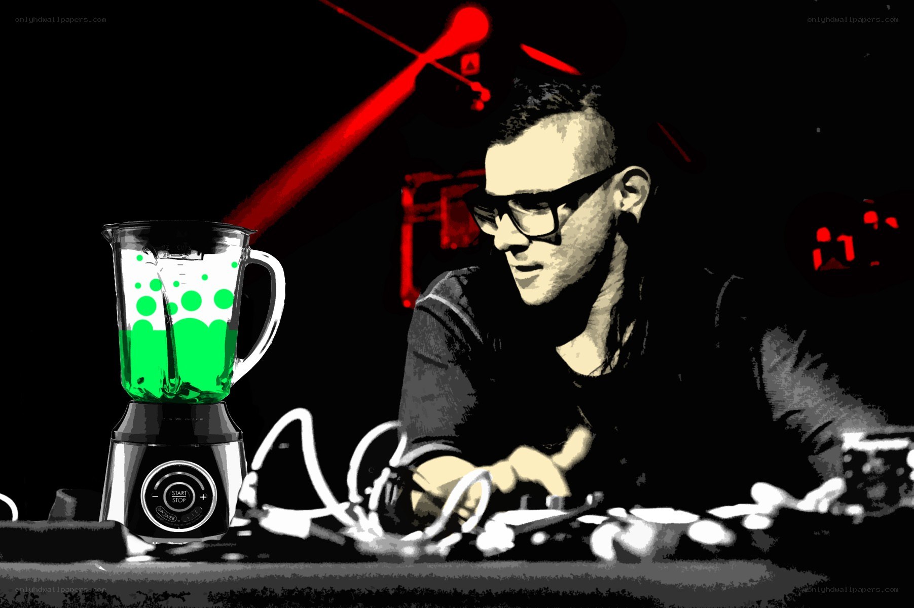 man with blender at desk