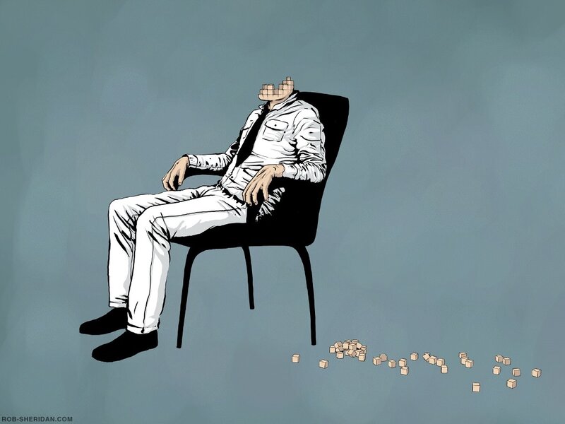 Man with Blocky Head — Gray, Somber