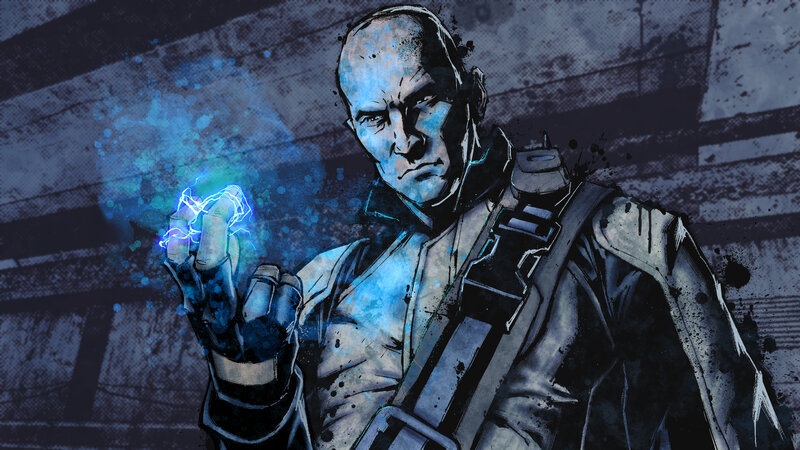man with blue energy in hand