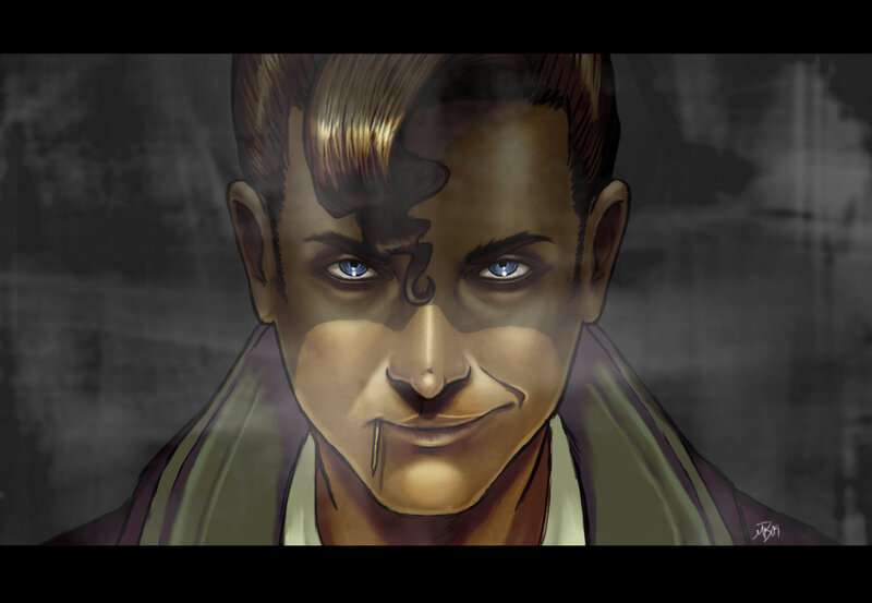 man with blue eyes and scar