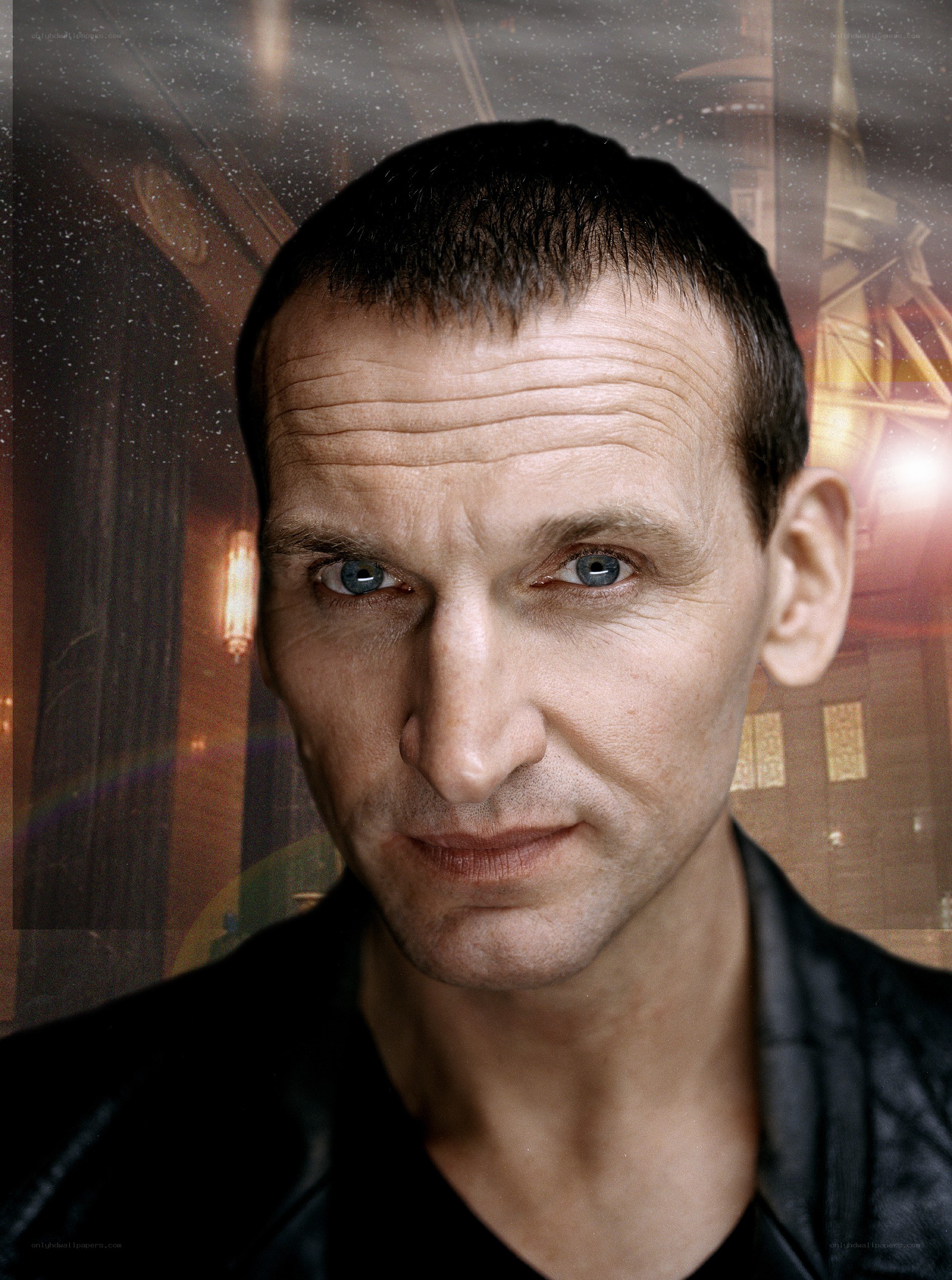 Man with blue eyes in black jacket