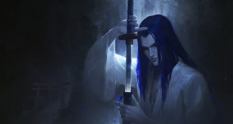 Man with Blue Hair Holding Sword