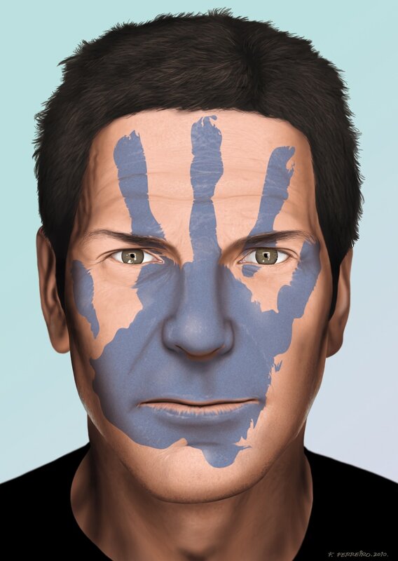 man with blue handprint on face