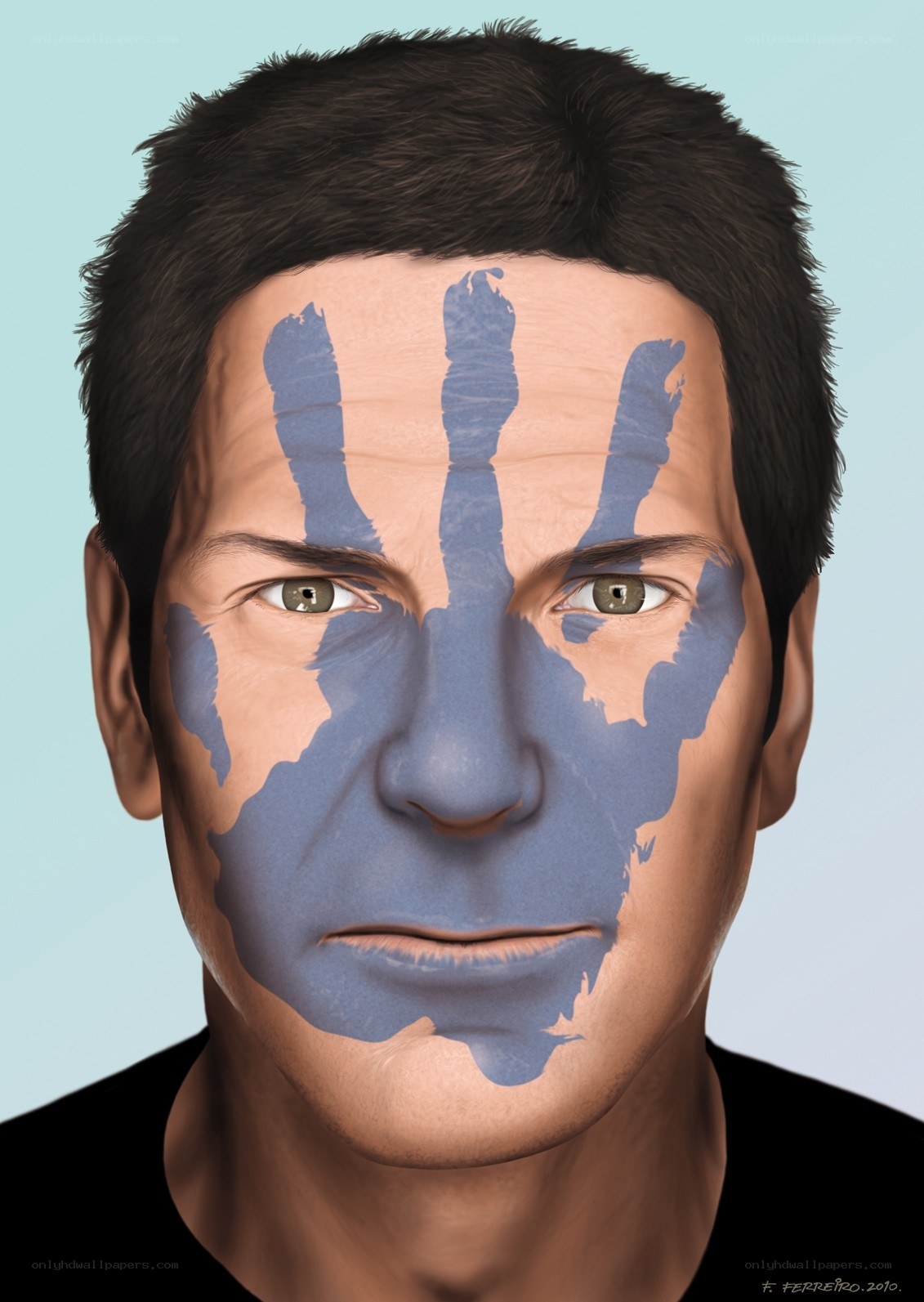 man with blue handprint on face